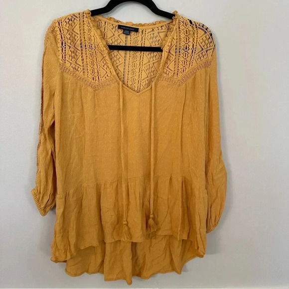 American Eagle Women’s 3/4 Sleeve Mustard Yellow Flowy Lace Top Size S GUC - Picture 2 of 10